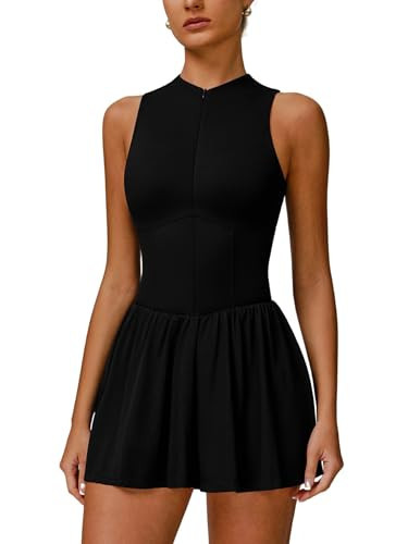 Tennis Dress for Womens Zip Front Yoga Athletic Dresses High Neck Sleeveless Women Workout Golf Dresses with Built-in Bras & Shorts Summer Active Exercise Dress with Pockets Black S | Amazon (US)