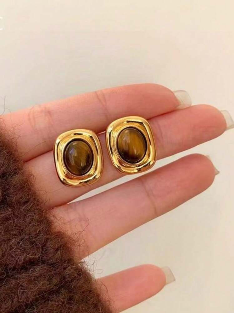 1 Pair Oval Tiger Eye Stone Stud Earrings, Elegant European Style For Women's Daily Wear | SHEIN