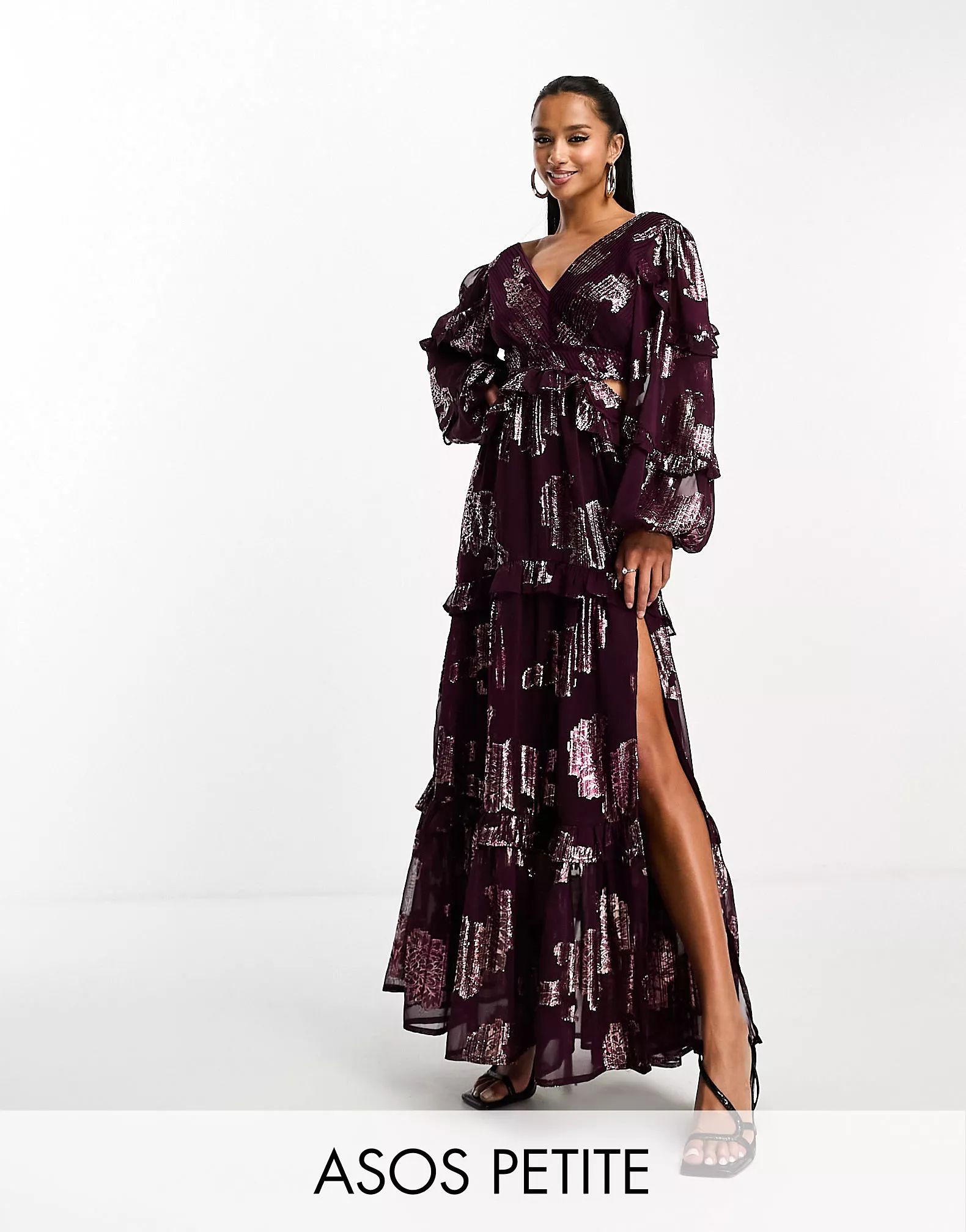 ASOS DESIGN Petite plunge pintuck maxi dress with cut out and frills in oxblood metallic floral j... | ASOS (Global)