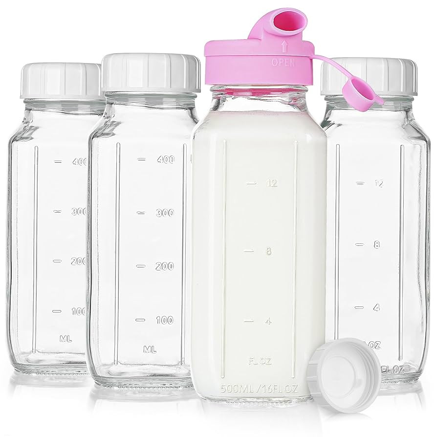 4 Pack 16 Oz Square Glass Milk Bottle with A Silicone Dispenser Cap, Glass Juice Bottles with Air... | Amazon (US)