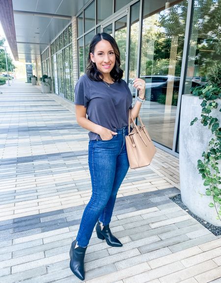 Madewell t-shirt, Good American mid rise jeans, and black booties. 
This outfit would be really cute with sandals or wedges. 
#ltkpetite 

#LTKFindsUnder100 #LTKOver40 #LTKFindsUnder50