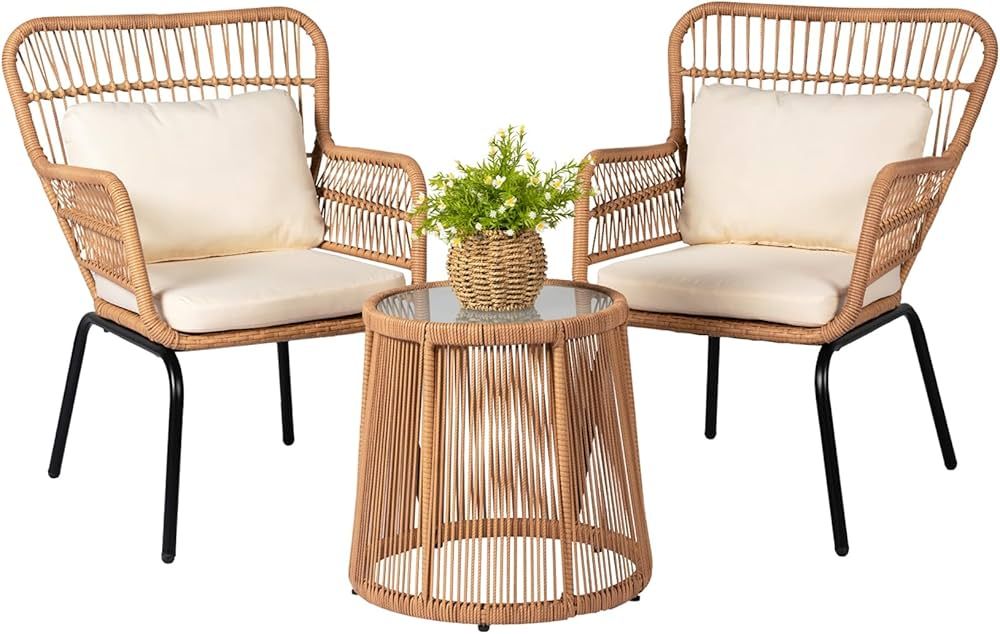 3 Piece Outdoor Wicker Furniture Bistro Set, Rattan Chairs Conversation Sets Porch Furniture, Wic... | Amazon (US)