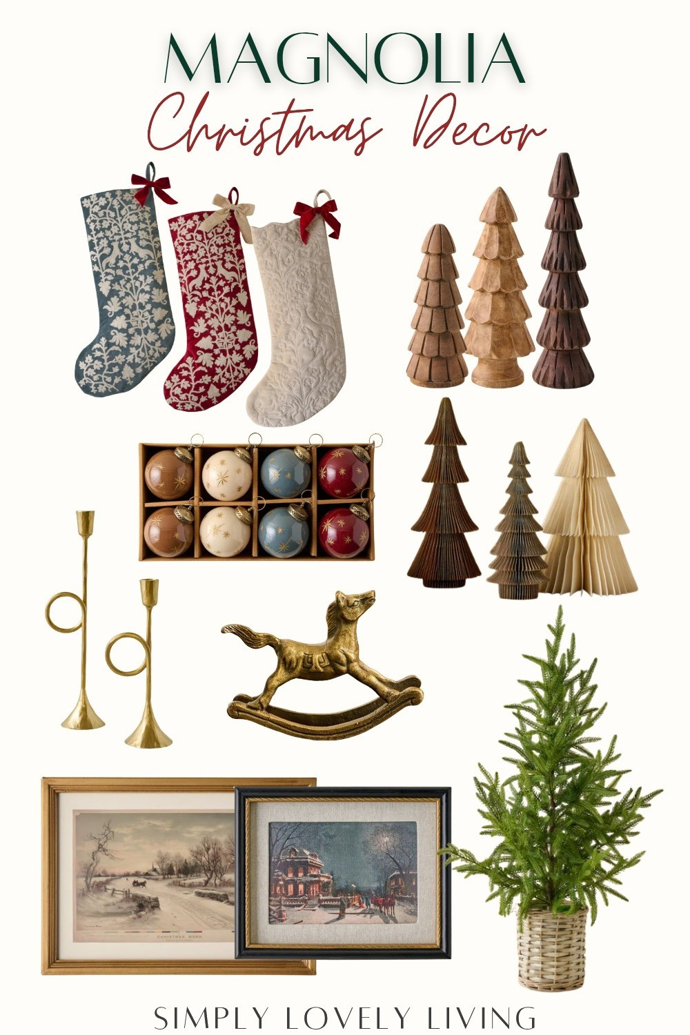 Christmas decor from Magnolia. Joanna Gaines Christmas decor collection. Rustic Christmas decor. Wooden Christmas tree decor. Paper Christmas trees. Gold Rocking horse decor. Christmas stockings. Christmas ornaments. Potted Christmas tree. Christmas framed art. #Christmas #LTKfind

#LTKHome #LTKSeasonal