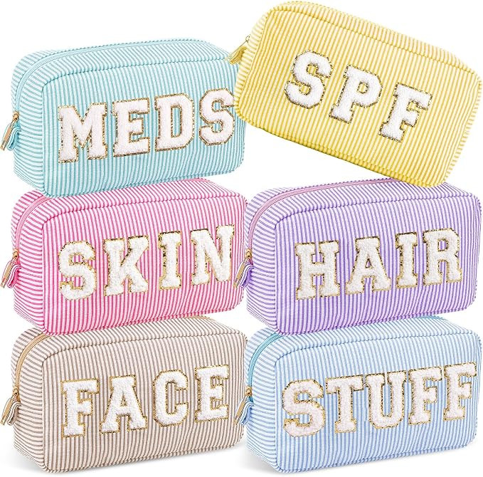 6 Pack Seersucker Cosmetic Bags Chenille Letter Skin Hair Face Meds Spf Stuff Pouch Preppy Makeup... | Amazon (US)
