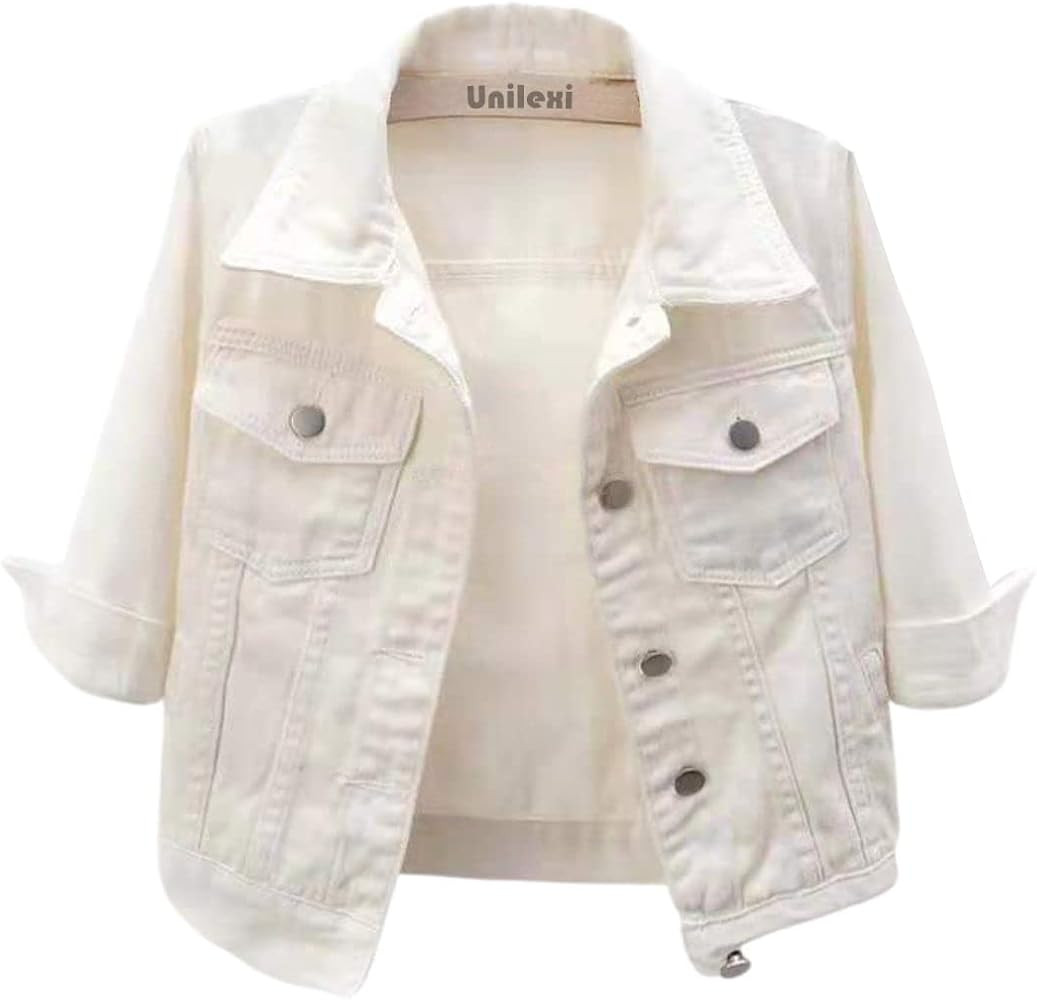 Unilexi Women's 3/4 Sleeve Colored Cropped Denim Jacket Light Wash Short Jean Jacket Trucker Coat | Amazon (US)