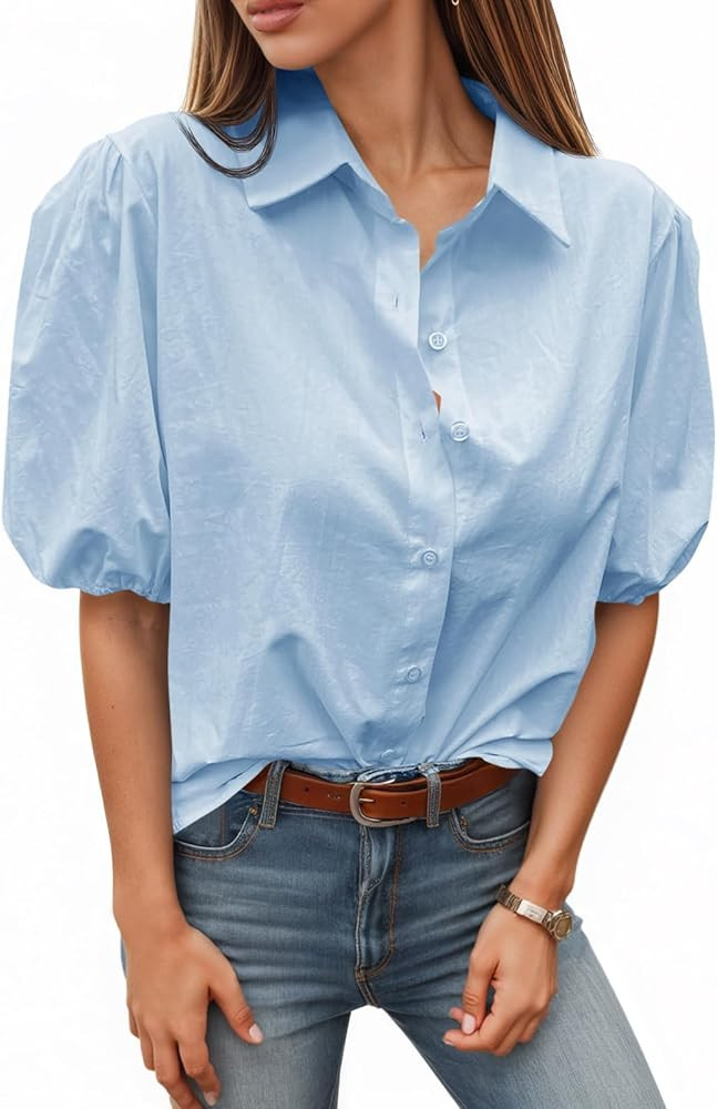 Features: These shirts feature short puff sleeves, button-down shirts, collared neckline, loose f... | Amazon (US)