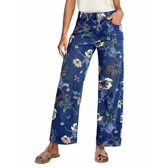 Floral Print Wide Leg Pants for Women Trendy Mid Rise Boho Ankle Cute Jeans S | Walmart (US)