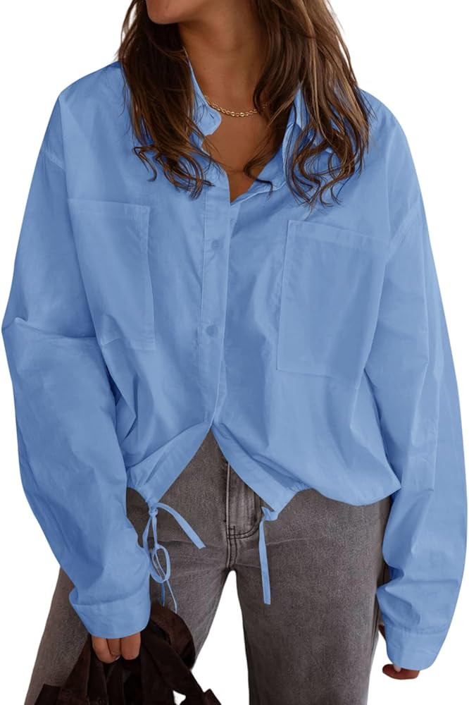 Tankaneo Womens Cropped Button Down Shirts Casual Long Sleeve V Neck Blouse Fall Loose Fit Drawst... | Amazon (US)