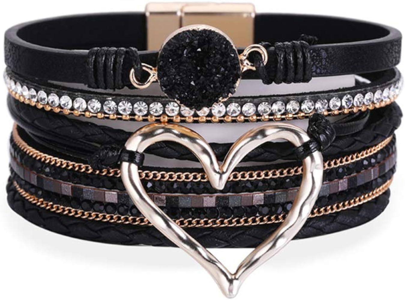 Women Leather Wrap Cuff Multi-Layer Beaded Cross Bracelets Modern Boho Bracelet | Amazon (US)