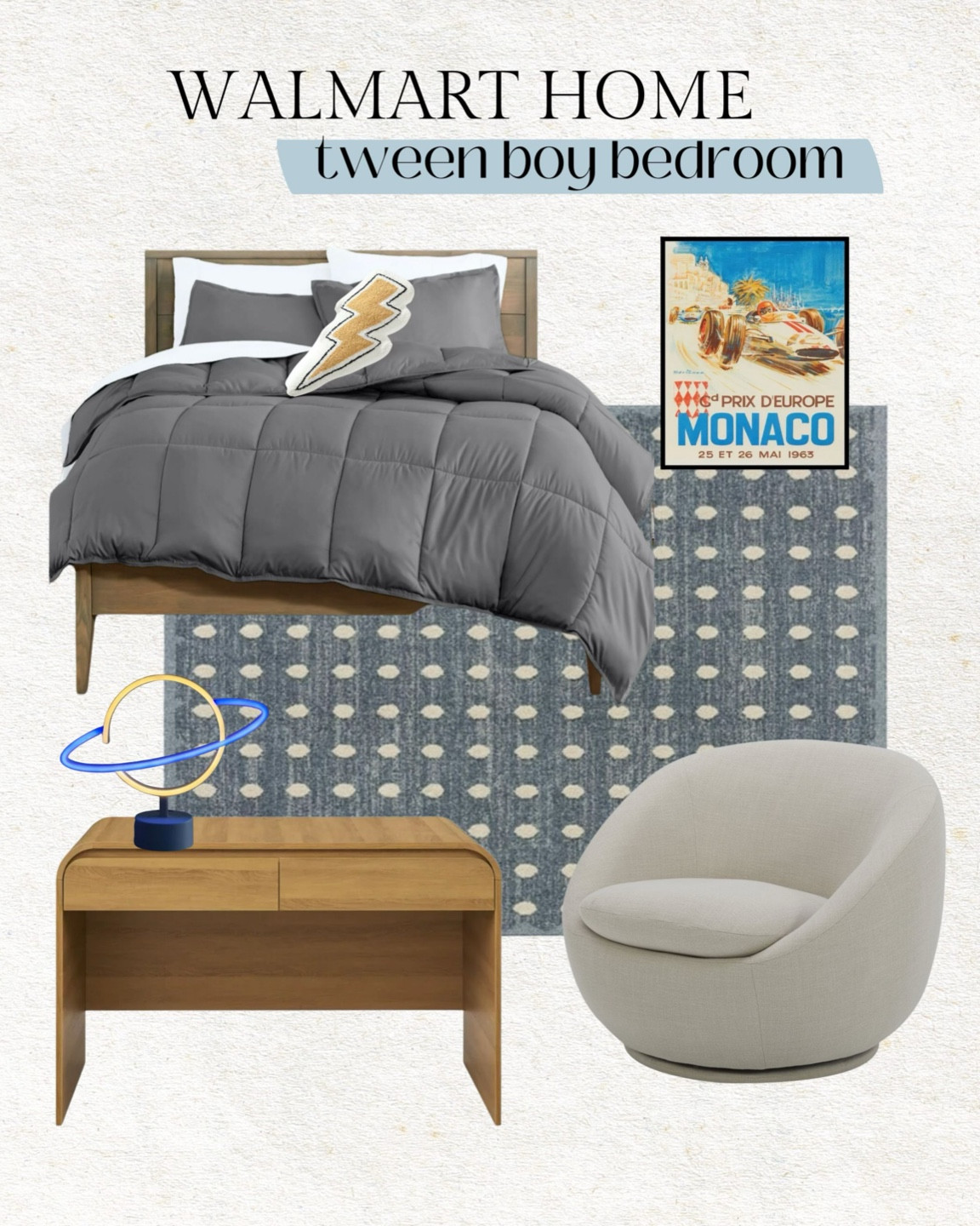 Tween boy bedroom refresh ✨ updating my 10 year old son’s bedroom with a lot of these items and it’s looking so good!  He loves this white swivel chair for reading and I’m obsessed with this dot rug. This desk just restocked and it’s perfect for a kids bedroom and it’s under $100!

Tween boy room, teen boy room, little boy bedroom, kids bedroom, kids desk, kids accent chair, kids bed, gray comforter, blue rug, gray rug, dot rug, boys wall art, boys desk, teen desk, kids pillow, kids bedroom decor, boys bedroom decor, Andrew home, Christine Andrew 
@Walmart #WalmartHome #WalmartPartner 

#LTKKids #LTKHome #LTKFindsUnder50