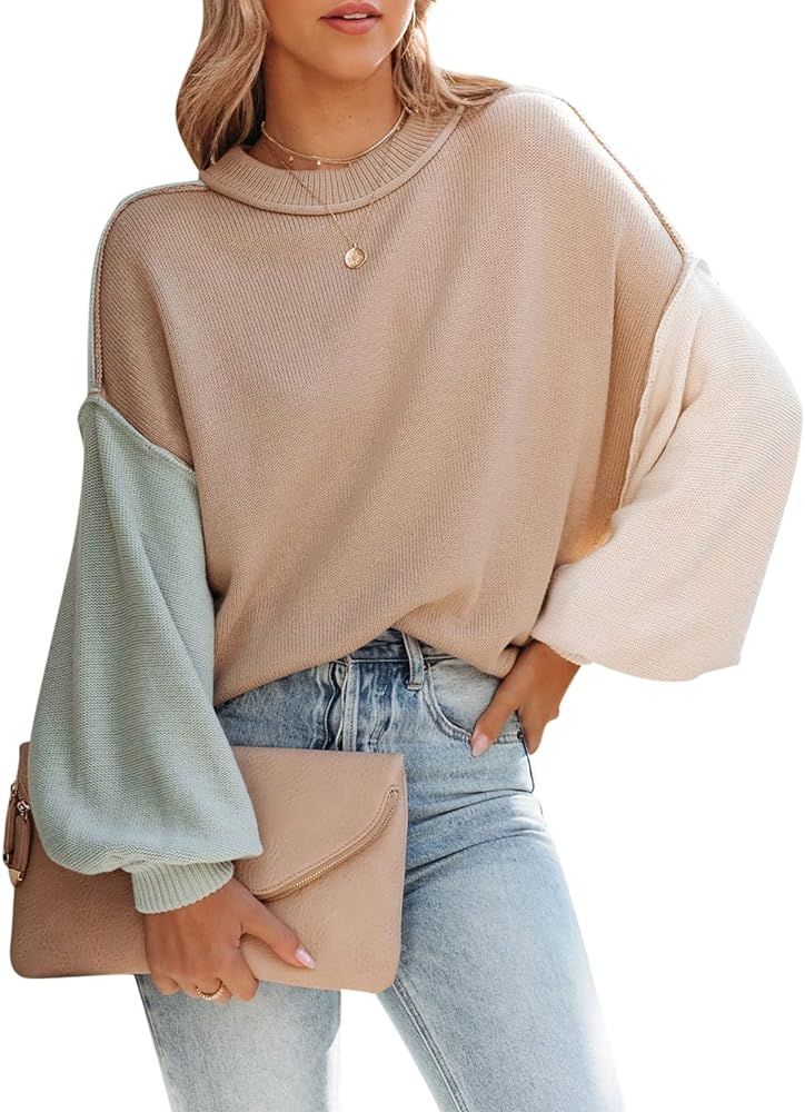 Pink Wind Women's Long Sleeve Oversized Pullover Sweater Crewneck Side Slit Knit Jumper Tops | Amazon (US)