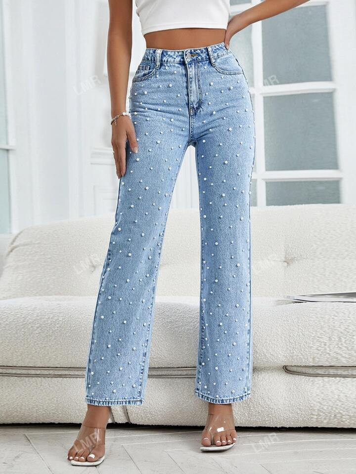 Pearls Beaded Flare Leg Jeans | SHEIN USA | SHEIN