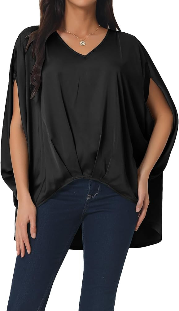 Seta T Women's Satin Casual V Neck Batwing Short Sleeve Blouse Shirt Tunic Top | Amazon (US)