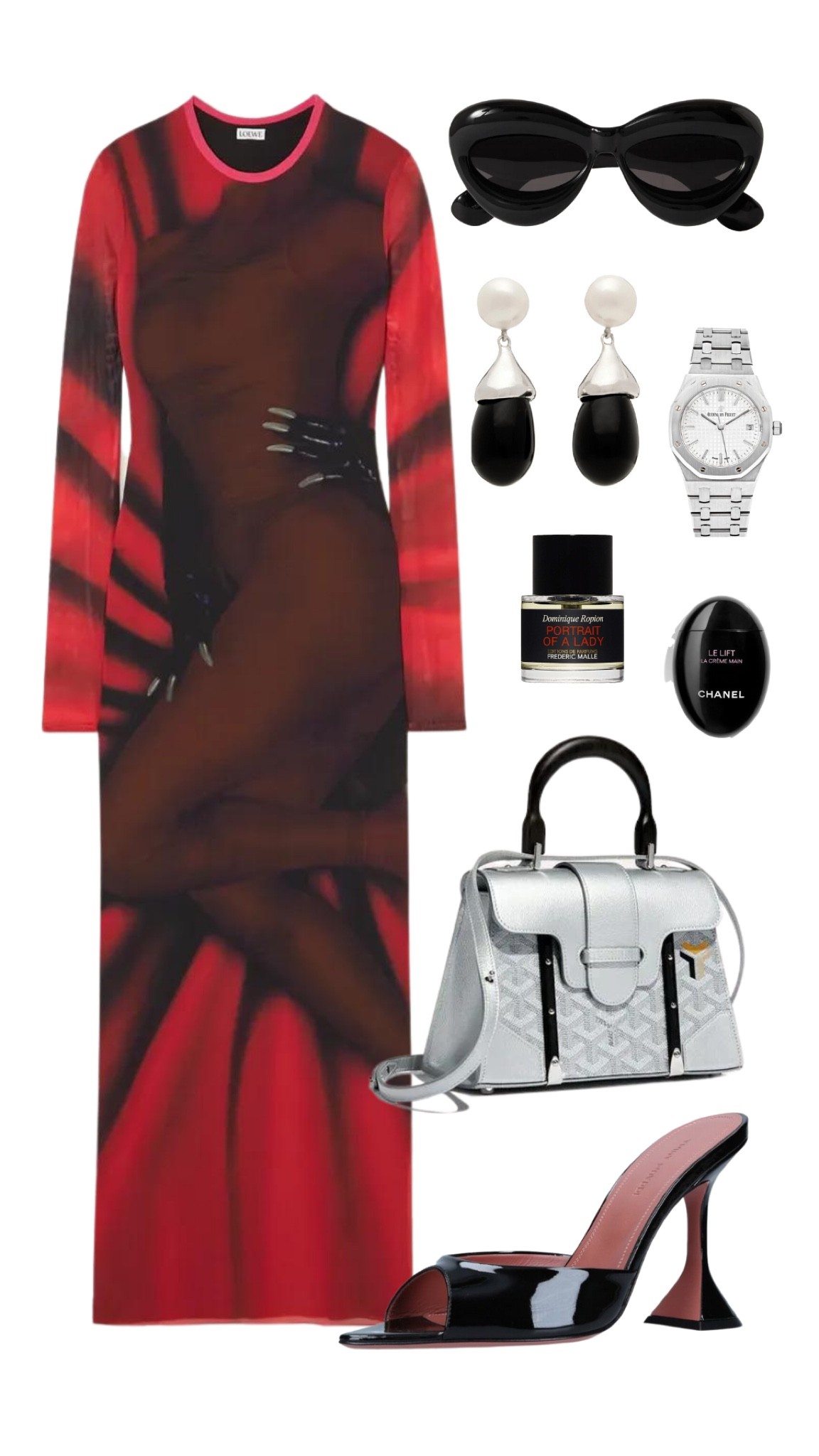 loewe dress
loewe sunglasses 
amina muaddi sunglasses 
goyard saigon bag 
audemars piguet royal oak watch 
portrait of a lady perfume 
chanel hand cream

#LTKfit #LTKstyletip #LTKitbag