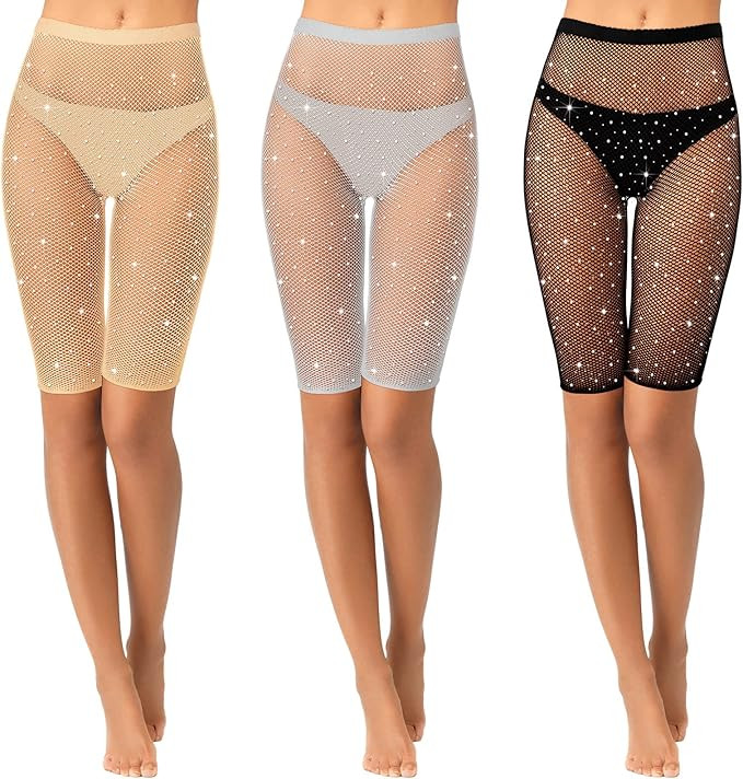 Geyoga 3 Pcs Rhinestone High Waisted Short Leggings for Women Fishnet Biker Shorts Elastic See Th... | Amazon (US)