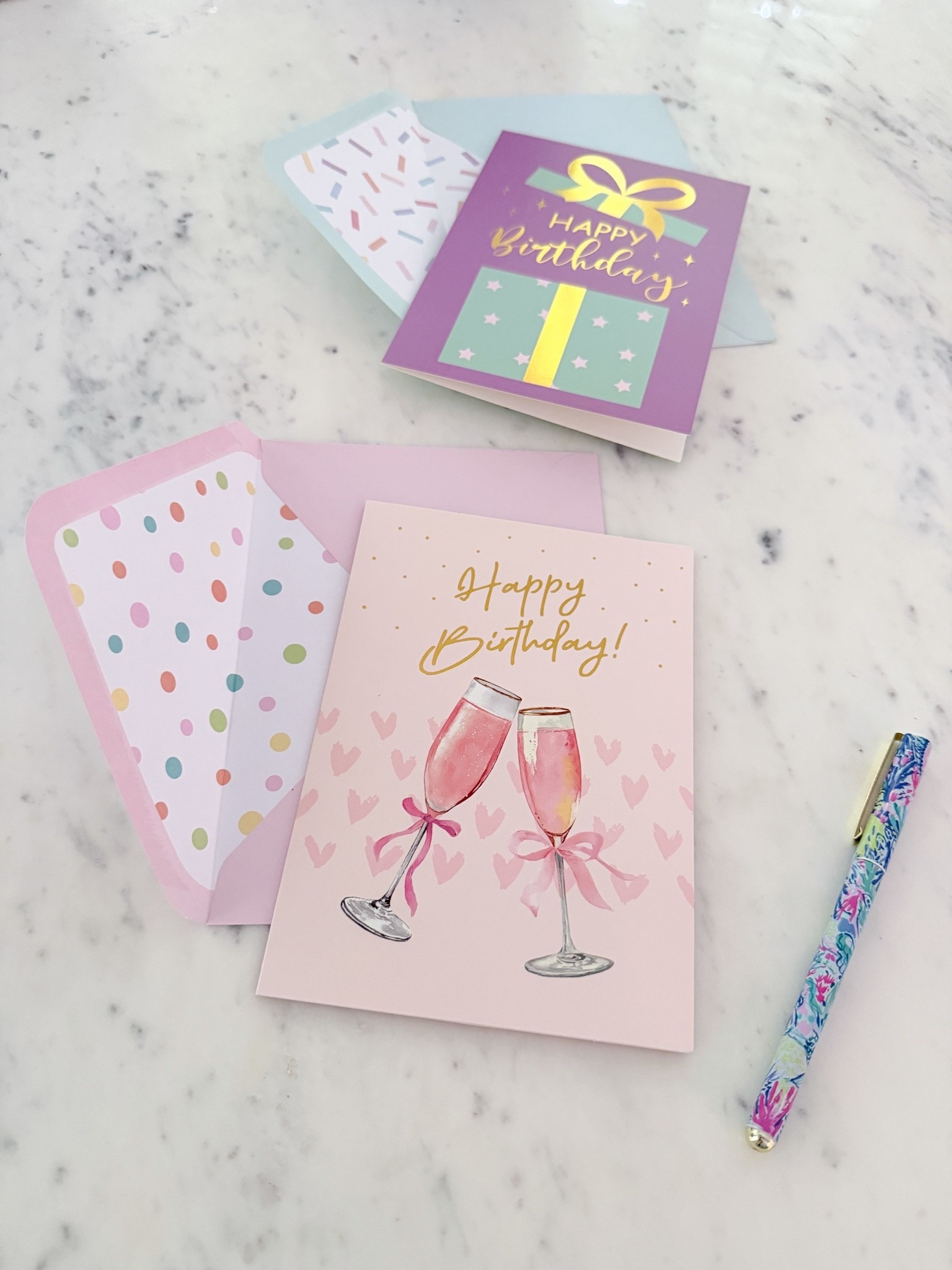 Affordable birthday card set & colorful Lilly Pulitzer pens to hand write a thoughtful birthday message on the inside.