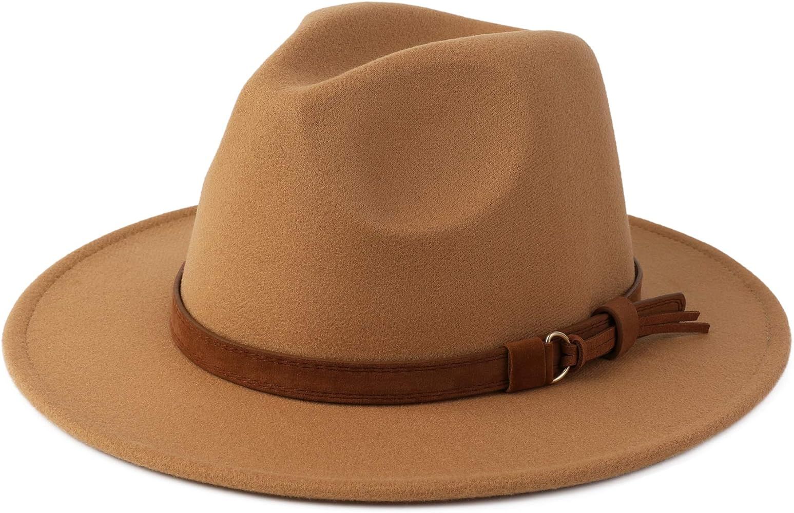 Classic Wide Brim Women Men Fedora Hat with Belt Buckle Felt Panama Hat | Amazon (US)