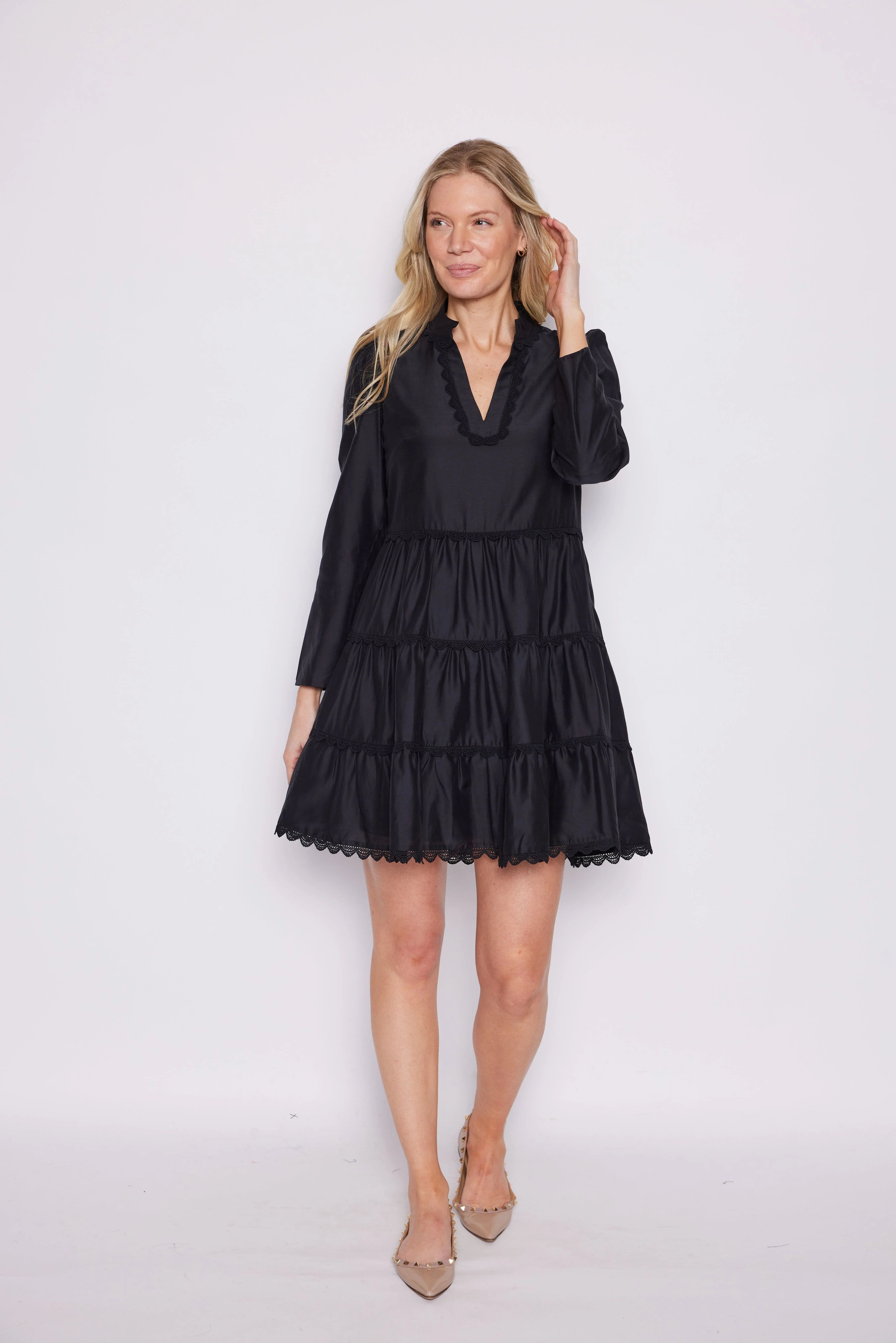 Black Lace Trim Long Sleeve Tunic Flare Dress | Sail to Sable
