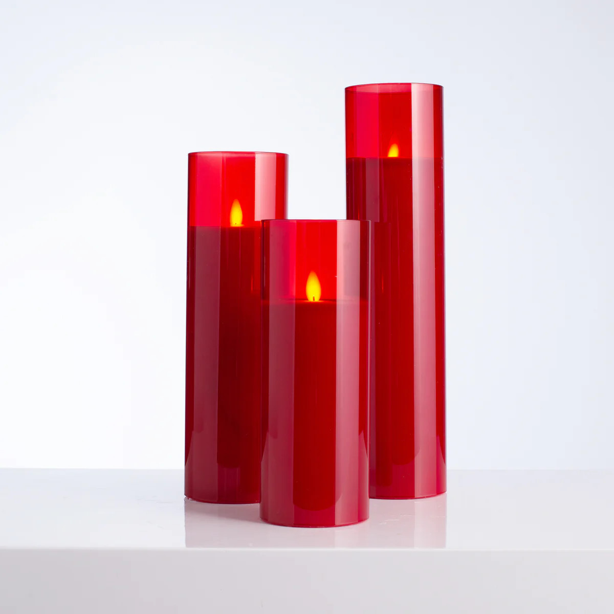 Tall Moving Flameless LED Red Glass Pillar Candles with Remote - Set of 3 | Darby Creek Trading