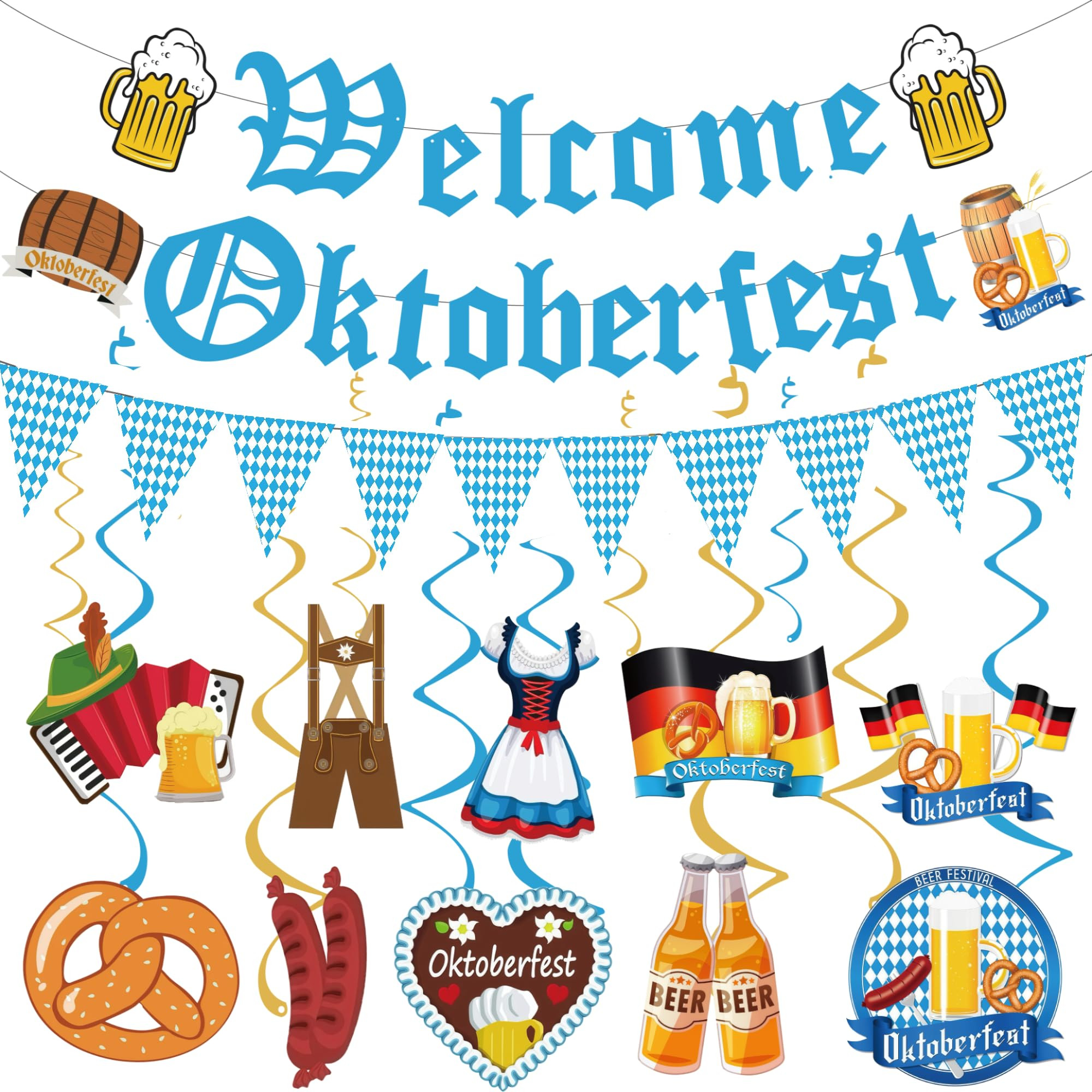 Oktoberfest Banner Decorations,Welcome Oktoberfest Sign, Bavarian Pennant Banner with Hanging Swi... | Amazon (US)