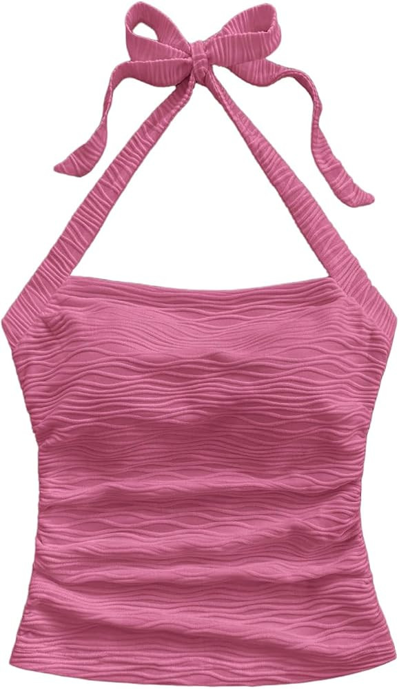 SHENHE Women's Textured Tie Back Halter Crop Top Sleeveless Backless Boho Cute Tank Top | Amazon (US)