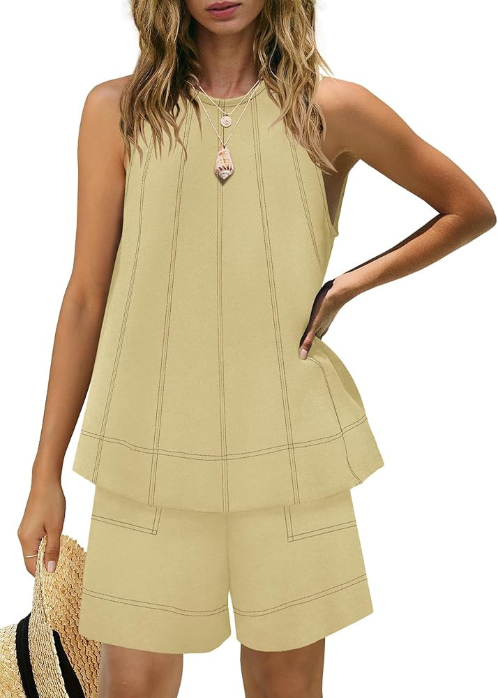 Panadila Womens Summer 2 Piece Sets Beach Vacation Outfits High Neck Tank Top and Shorts Set Reso... | Amazon (US)