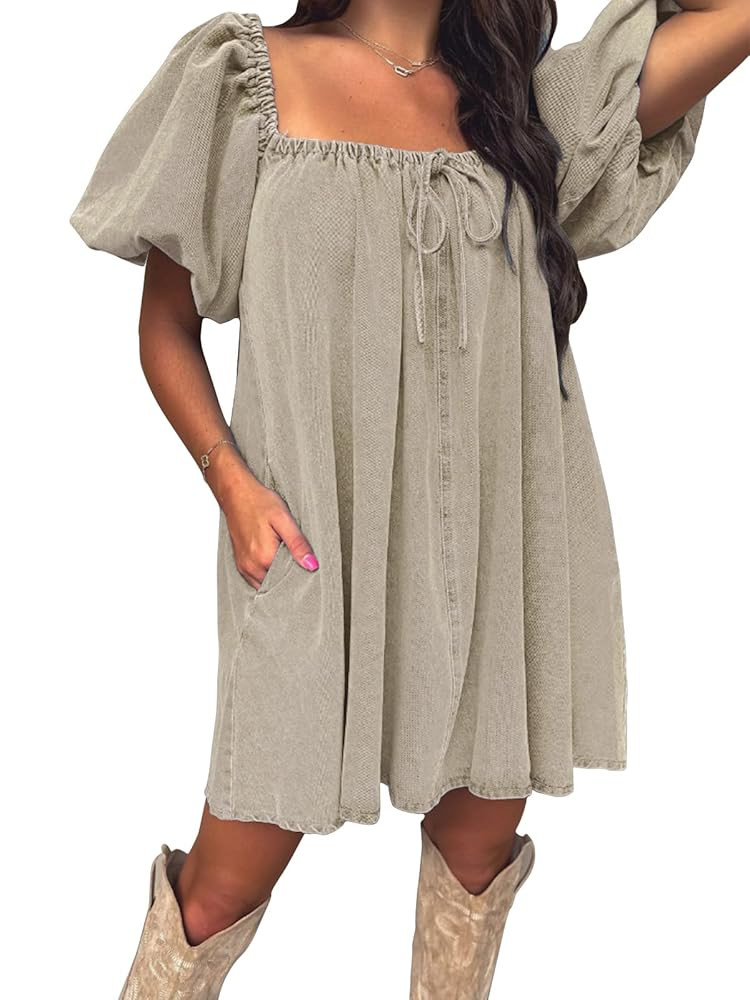 EXLURA Womens Summer Denim Short Puff Sleeve Dresses Knit Loose Plus Size Short Mini Dress 2025 T... | Amazon (US)