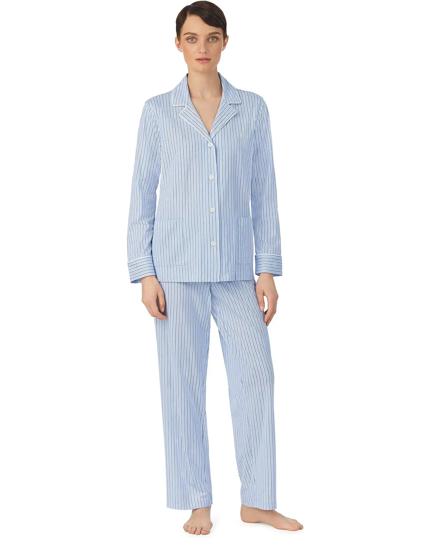 LAUREN Ralph Lauren Organic Cotton Long Sleeve Notch Collar PJ Set | Zappos