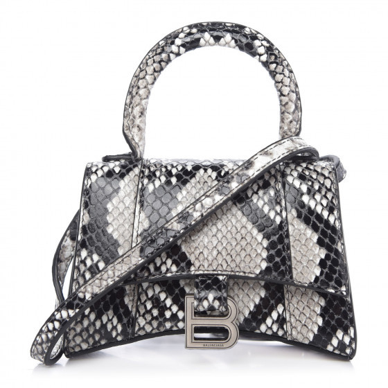 BALENCIAGA Grained Calfskin Snake Effect Hourglass Top Handle Bag Mini Black White | Fashionphile