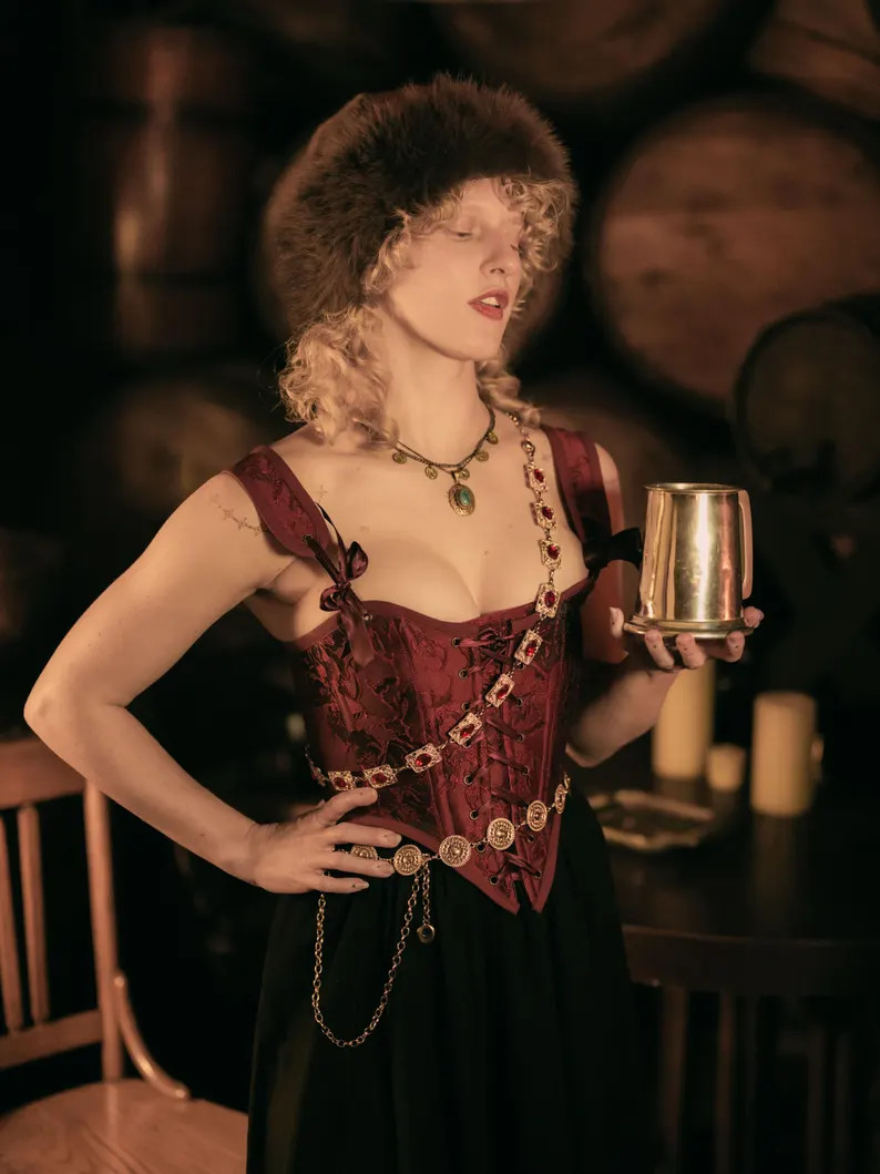 Dark Red Floral Jacquard Corset: Renaissance Bodice - Removable Straps | Etsy (US)