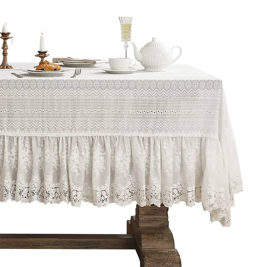 patdrea Vintage White Lace Tablecloth,Design Embroidered Cotton Ruffle Table Cloth for Rectangle ... | Amazon (US)