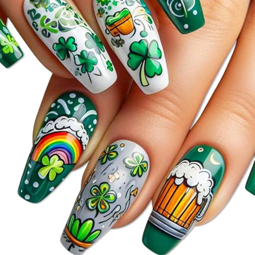 St Patrick's Day Press on Nails Long Coffin Fake Nails with Glue Glitter Glossy Irish Shamrocks acrylic nails Stick on Nails for Women DIY Manicure Saint Patrick's Day Nail Decoration Supply 24Pcs | Amazon (US)