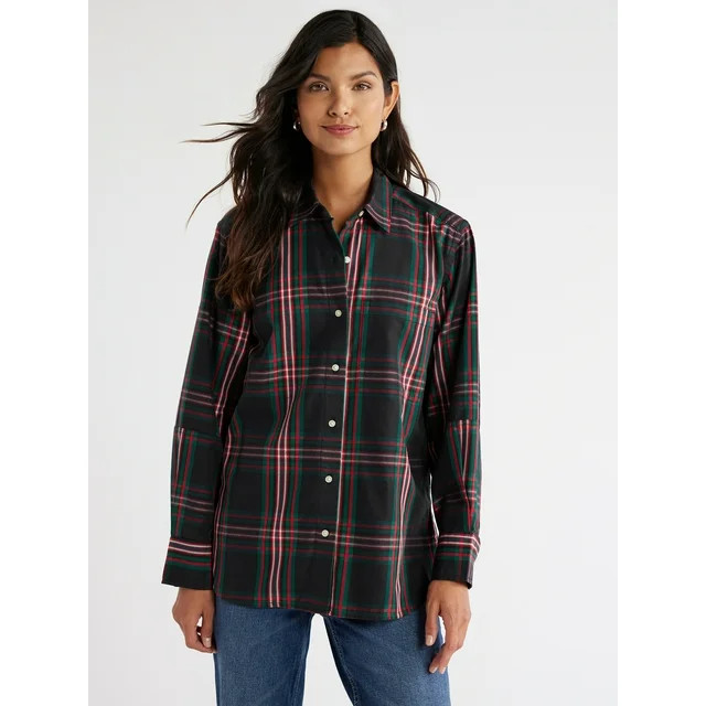 Free Assembly Women's Button-Down Boxy Tunic Shirt with Long Sleeves, Sizes XS-XXXL | Walmart (US)