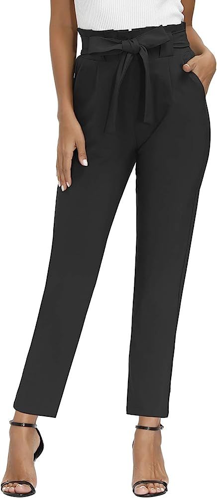 Yidarton Womens Cropped Pants Paper Bag Waist Self-tie Belted Pants Casual Trousers with Pockets | Amazon (US)