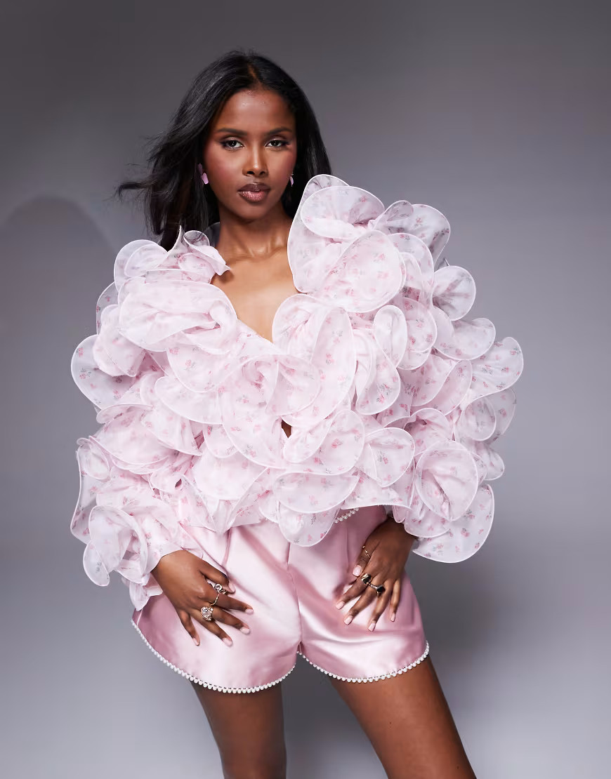 ASOS LUXE ruffle wired organza jacket in ditsy floral-pink | ASOS (Global)