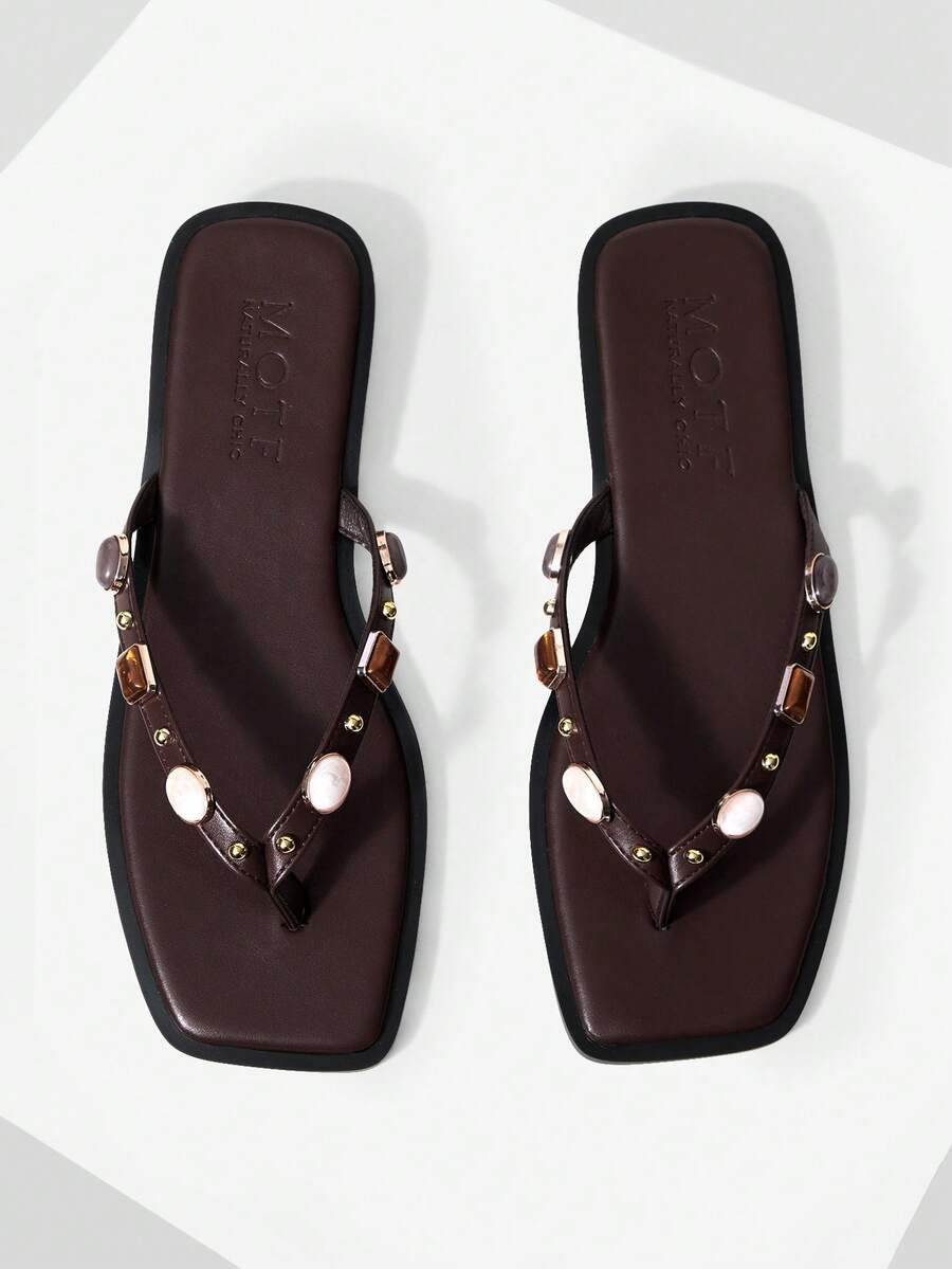 MOTF SPRING AND SUMMER NEW OUTDOOR WOMEN'S FLAT-BOTTOMED SQUARE TOE BROWN PINCH SLIPPERS CASUAL V... | SHEIN