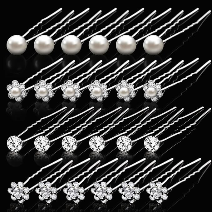 40 Pieces Pearl Hair Pins Wedding Bridal Hair Pins Rhinestone Flower Hair Pins U Shaped Hair Crys... | Amazon (US)