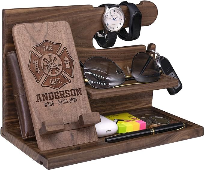 Wood Phone Docking Station For Firefighter Men - Handmade Nightstand Organizer Present For Firema... | Amazon (US)