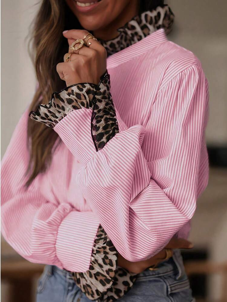 1pc Polyester Striped & Leopard Print Patchwork Button Down Collared Shirt, Suitable For Vacation, Spring/Autumn | SHEIN