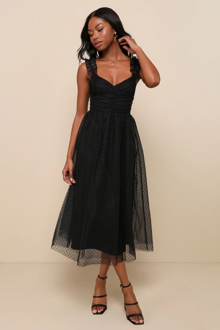 Forever Celebrated Black Swiss Dot Ruched Tulle Midi Dress | Lulus