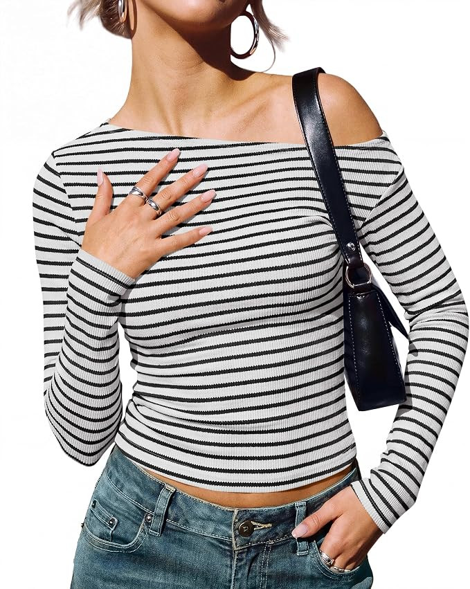 PRETTYGARDEN Women Off The Shoulder Striped T-Shirt | Amazon (US)