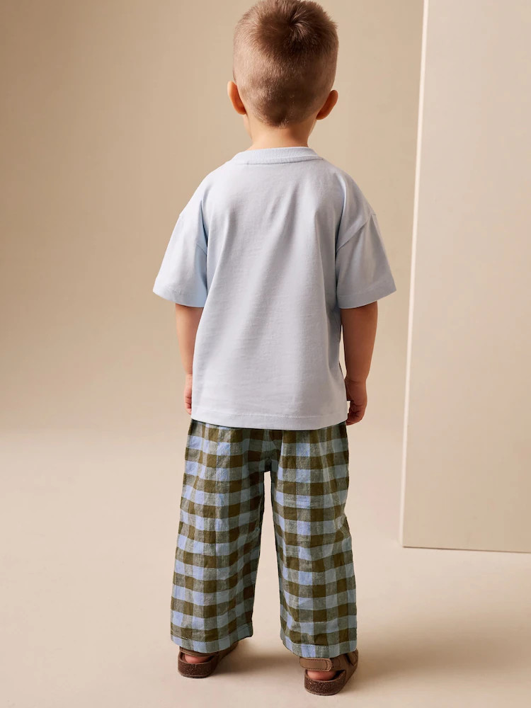 Blue Gingham Wide Fit Linen Blend Pull on Trousers (3mths-7yrs) | Next EU
