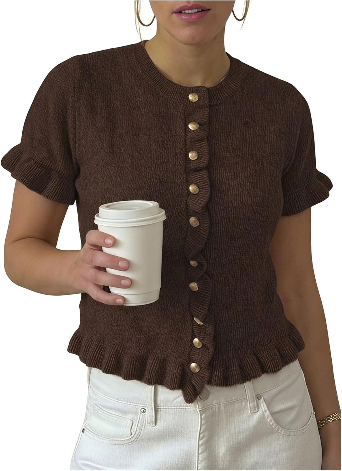 MakeMeChic Women's Short Sleeve Cardigan Sweates Ruffle Dressy Tops | Amazon (US)