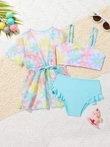 Baby Floral Print Ruffle Trim Bikini Swimsuit With Kimono | SHEIN