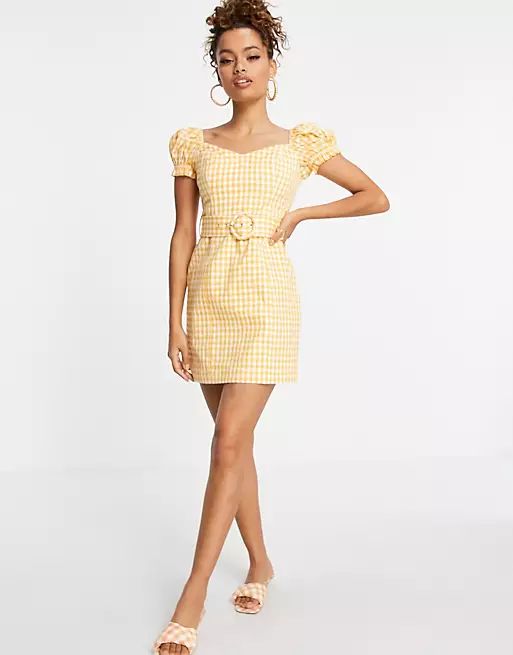 Ever New Petite puff sleeve belted mini dress in amber gingham | ASOS (Global)