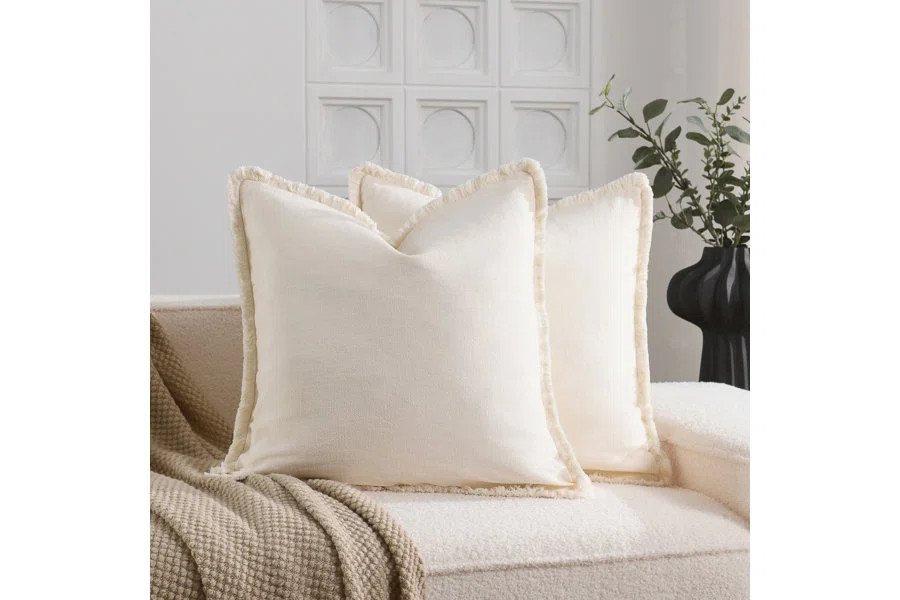 Washed Linen Textured Boho Farmhouse Pillow Cover With Tassels Edge (Set of 2) | Wayfair North America