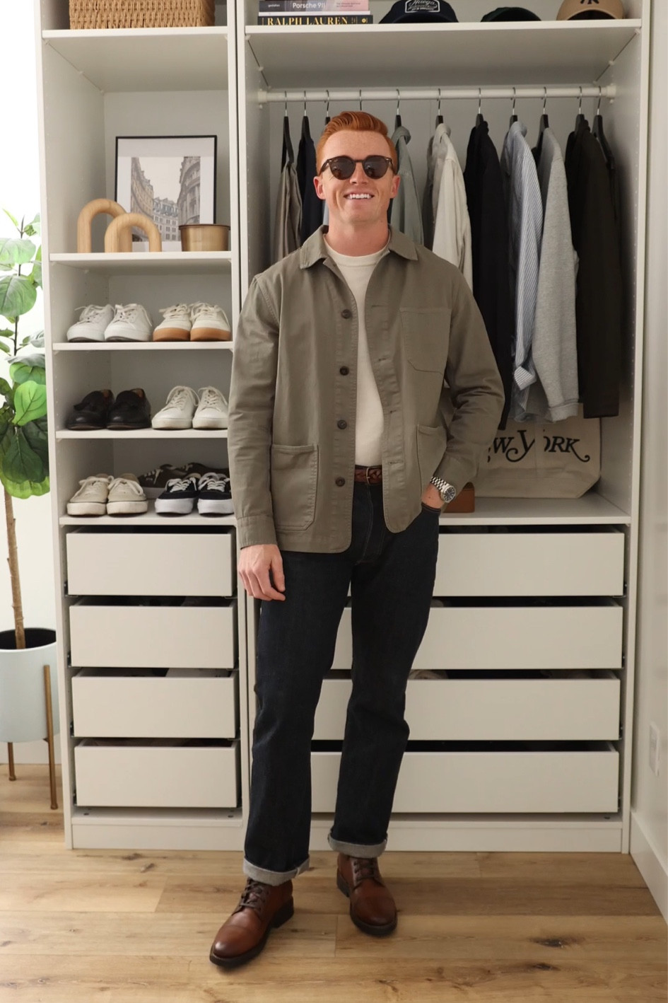 Simple fall fit for guys with an olive chore coat and boots.

Boots are Thursday Boots.