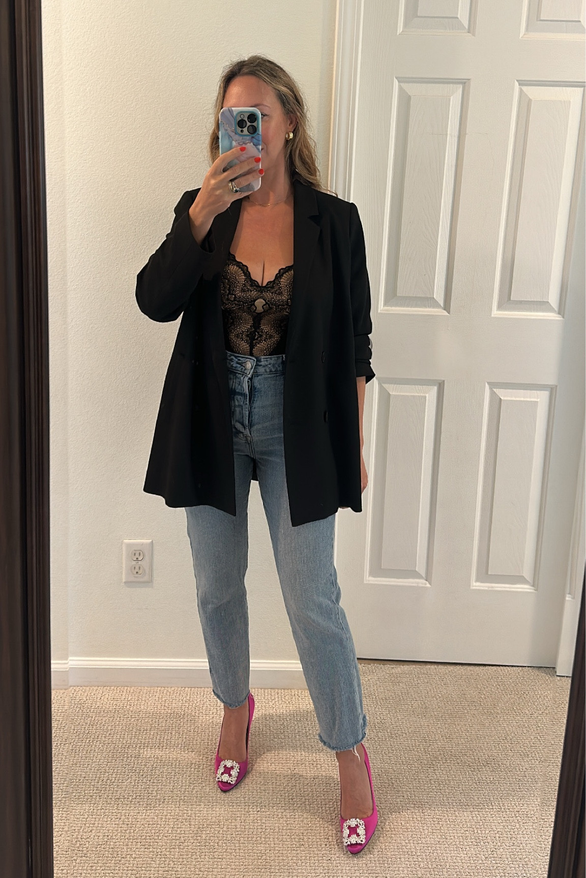 Date night or girls night outfit/ always a blazer with jeans a fun heel and this body suit. Comfortable effortless and sexy Friday night outfit 