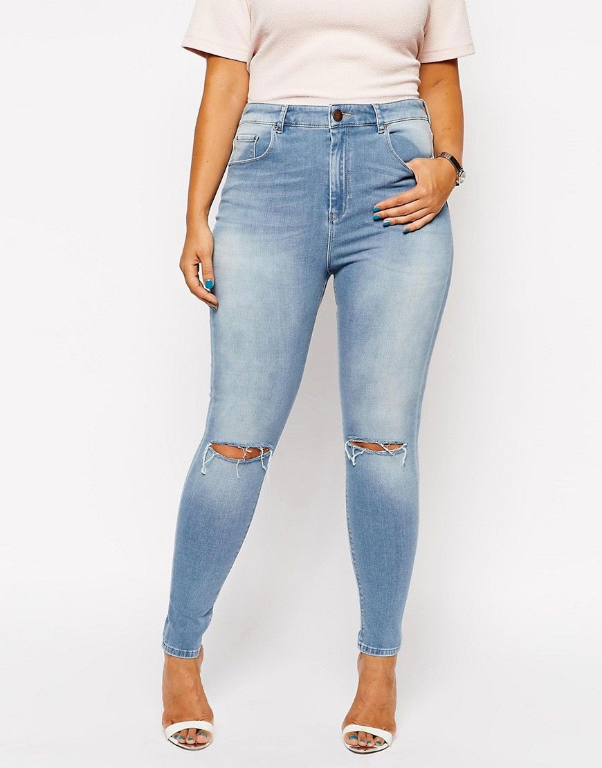 ASOS CURVE Exclusive Ridley Skinny Jean In Watercolour Blue With Ripped Knee's | ASOS US