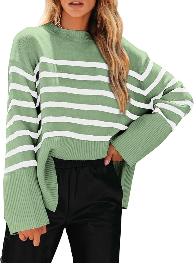 PRETTYGARDEN Women's 2024 Fall Striped Sweater Oversized Long Sleeve Crew Neck Side Slit Casual T... | Amazon (US)